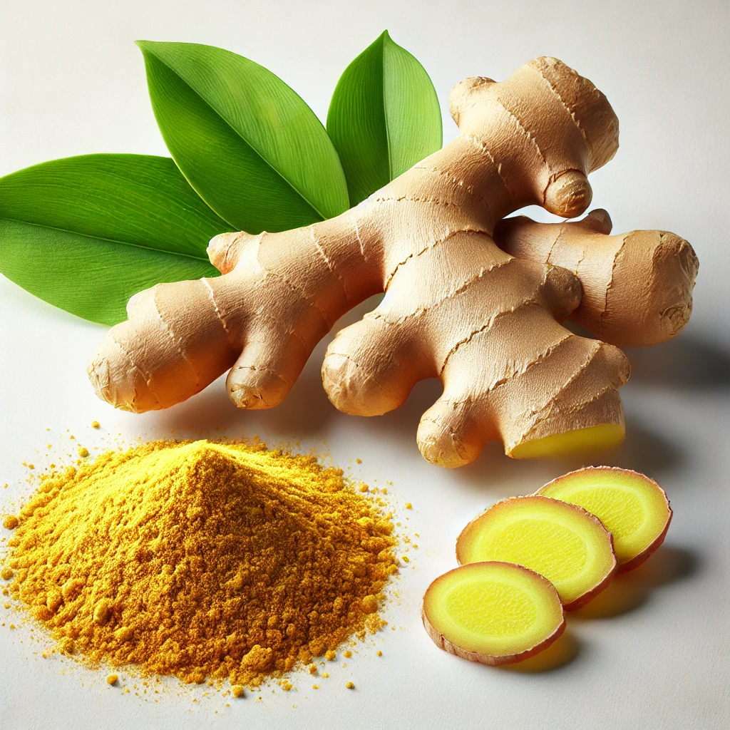 DALL·E 2024-08-20 18.30.59 - A high-definition image featuring two fresh ginger roots placed side by side, accompanied by a few vibrant green ginger leaves. Next to the ginger, th